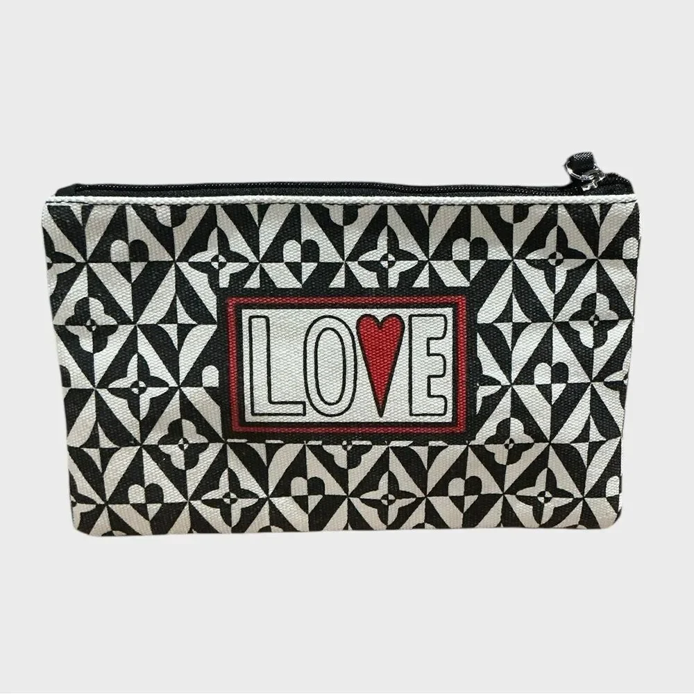Brighton Love Wristlet Cosmetic Bag Makeup Pouch Black White Hearts